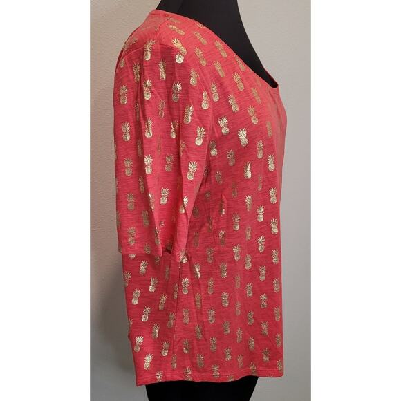Chico’s Pink Pineapple Malibu Tee Size 2 L Gold Metallic Print Resort Wear EUC - Picture 3 of 8